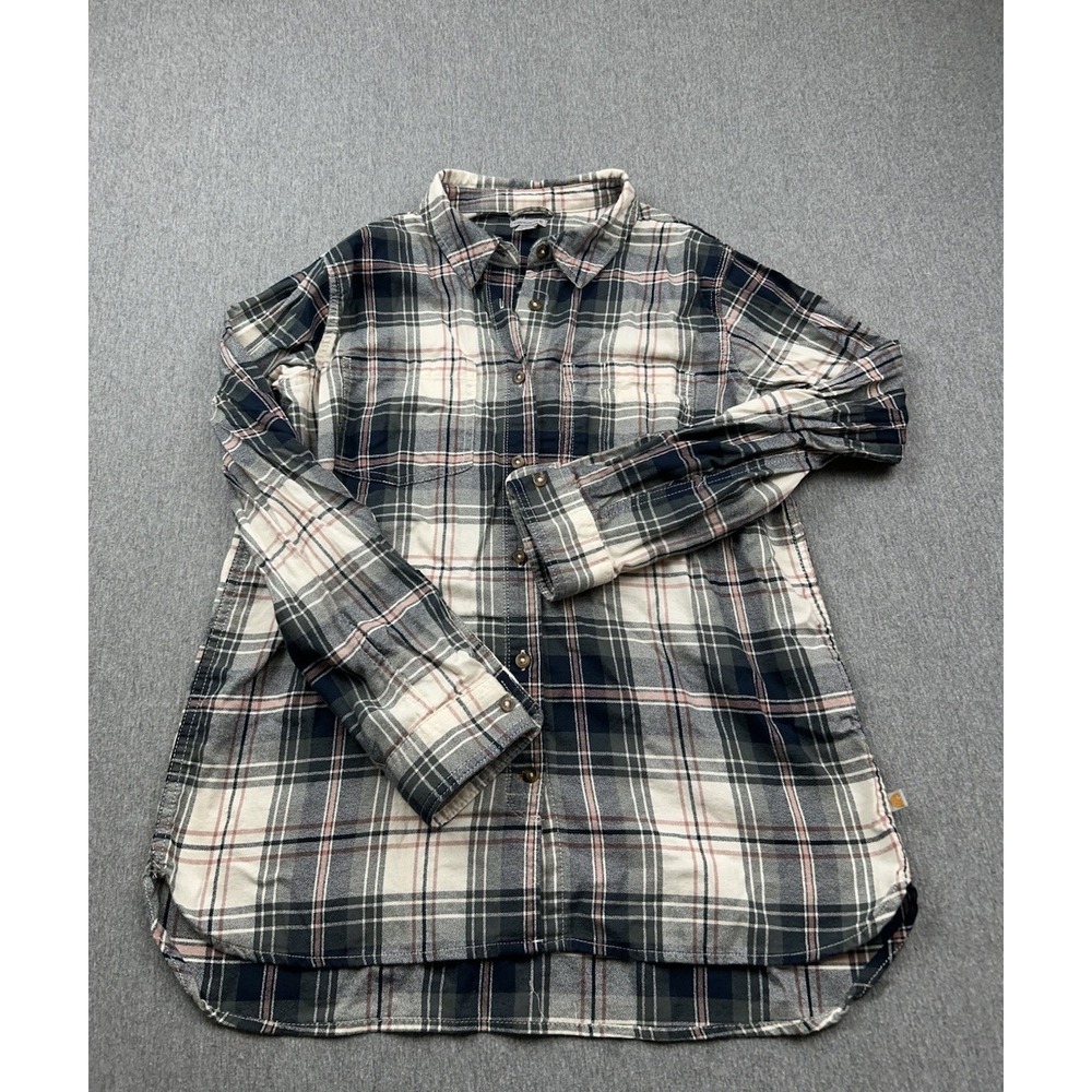 Carhartt Women's Large (12/14) Button Shirt Blue Green Plaid Roll Up Sleeves